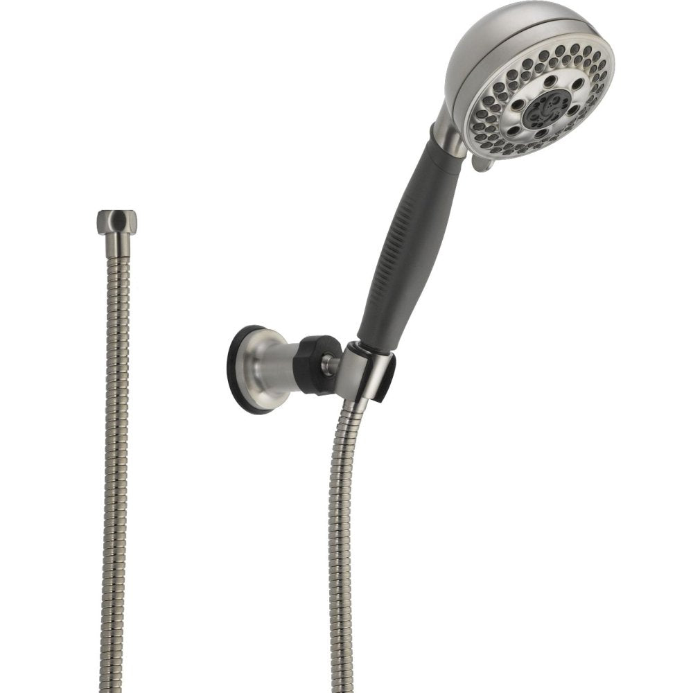 Chrome and black hand shower head with adjustable spray settings, wall mount bracket, and flexible hose connection.