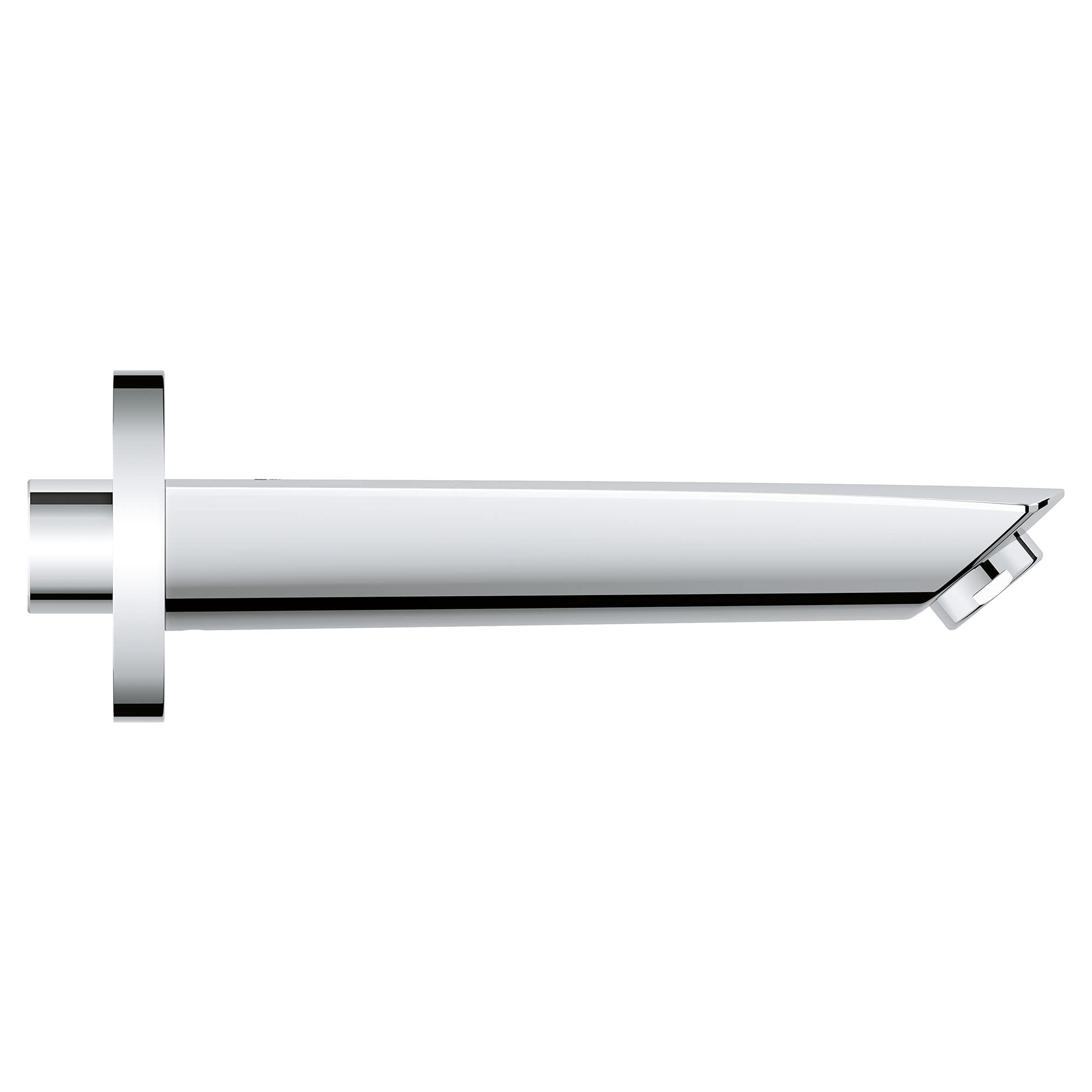 Chrome tub spout with wall-mounted flange and angled diverter valve on right end.