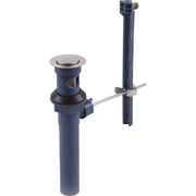 Plastic pop-up drain assembly with brushed nickel finished cap, blue drain body, and vertical lift rod mechanism.