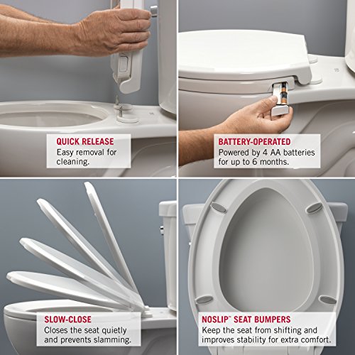 White elongated toilet seat with quick-release mechanism, slow-close lid, battery-operated nightlight, and non-slip bumpers.