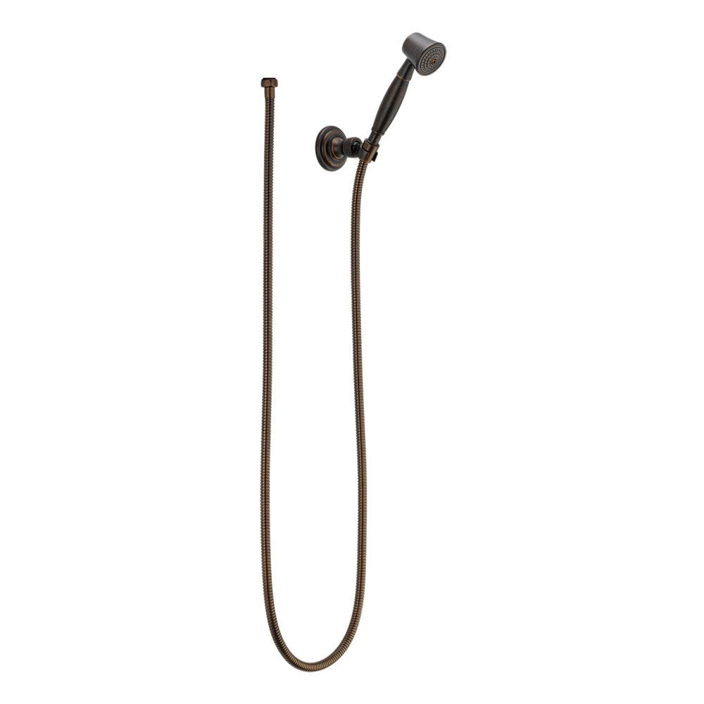 Venetian bronze wall-mount hand shower with flexible hose and showerhead on circular trim plate.