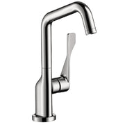 Chrome bar faucet with curved spout and single lever handle.