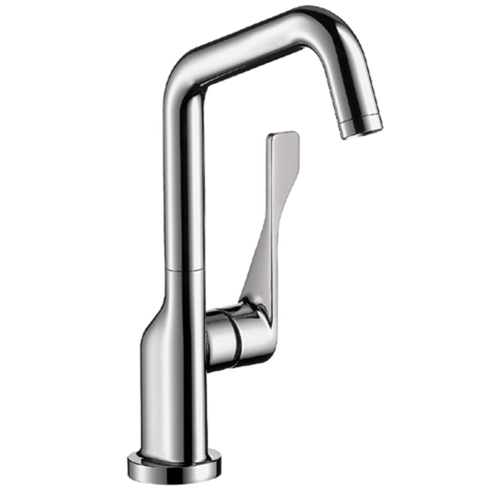 Chrome bar faucet with curved spout and single lever handle.