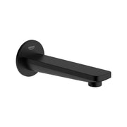 Matte black wall-mounted tub spout with rectangular spout design and circular mounting plate.