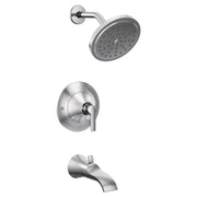 Chrome shower trim kit with round showerhead, wall-mounted control valve, and tub spout.