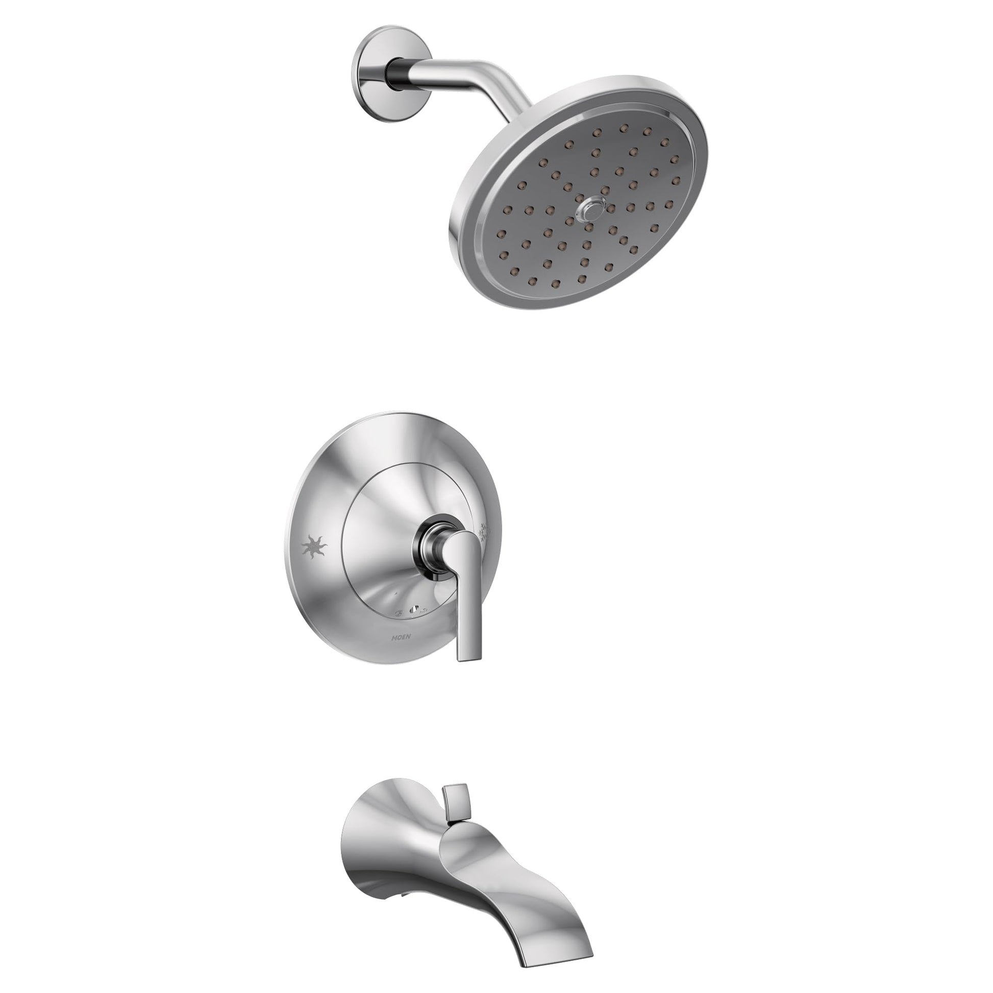 Chrome shower trim kit with round showerhead, wall-mounted control valve, and tub spout.