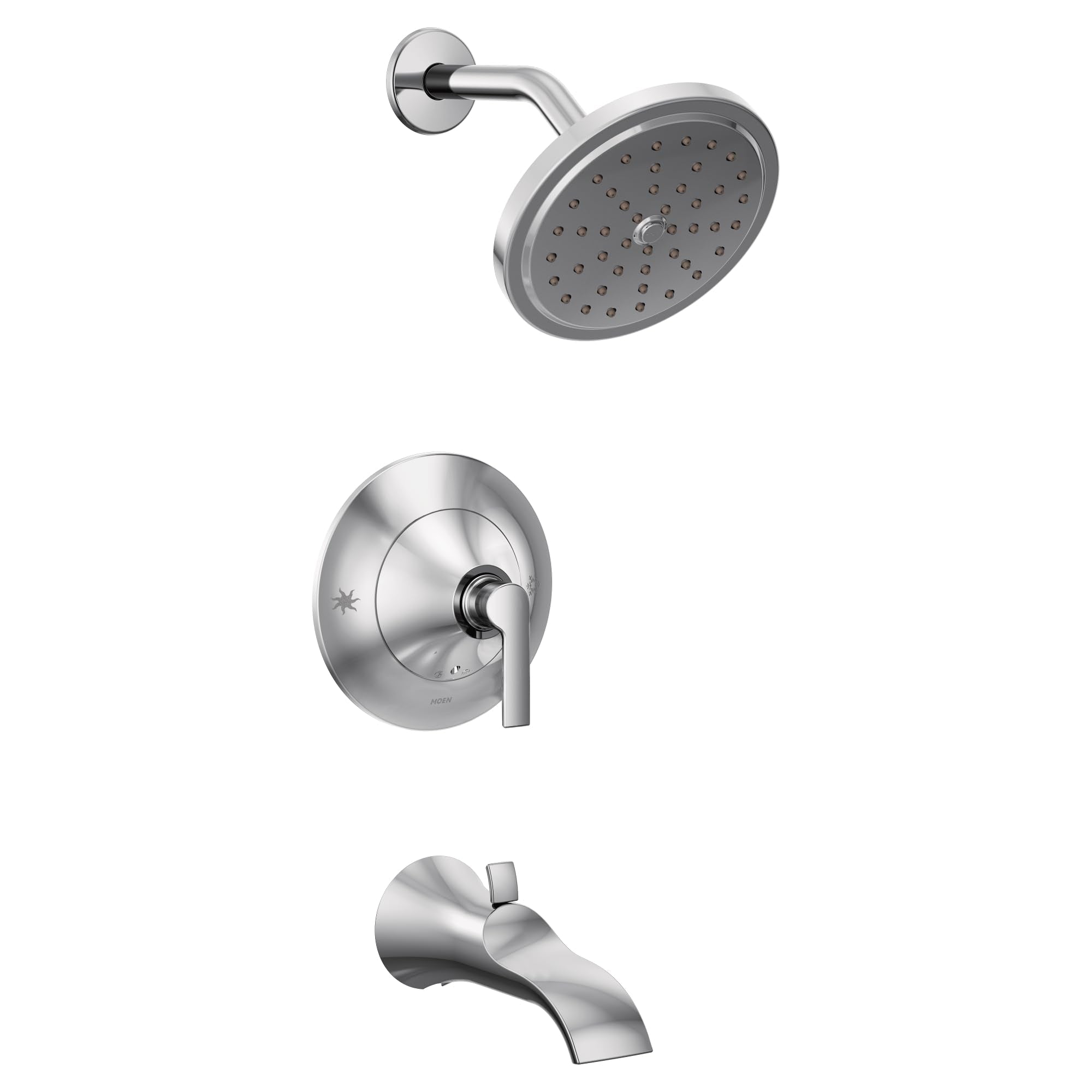 Chrome shower trim kit with round showerhead, wall-mounted control valve, and tub spout.