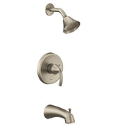 Brushed nickel tub and shower trim kit with single handle valve, curved tub spout, and overhead showerhead with perforations.