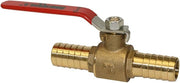 Brass ball valve with red lever handle and barbed hose connectors on both ends.