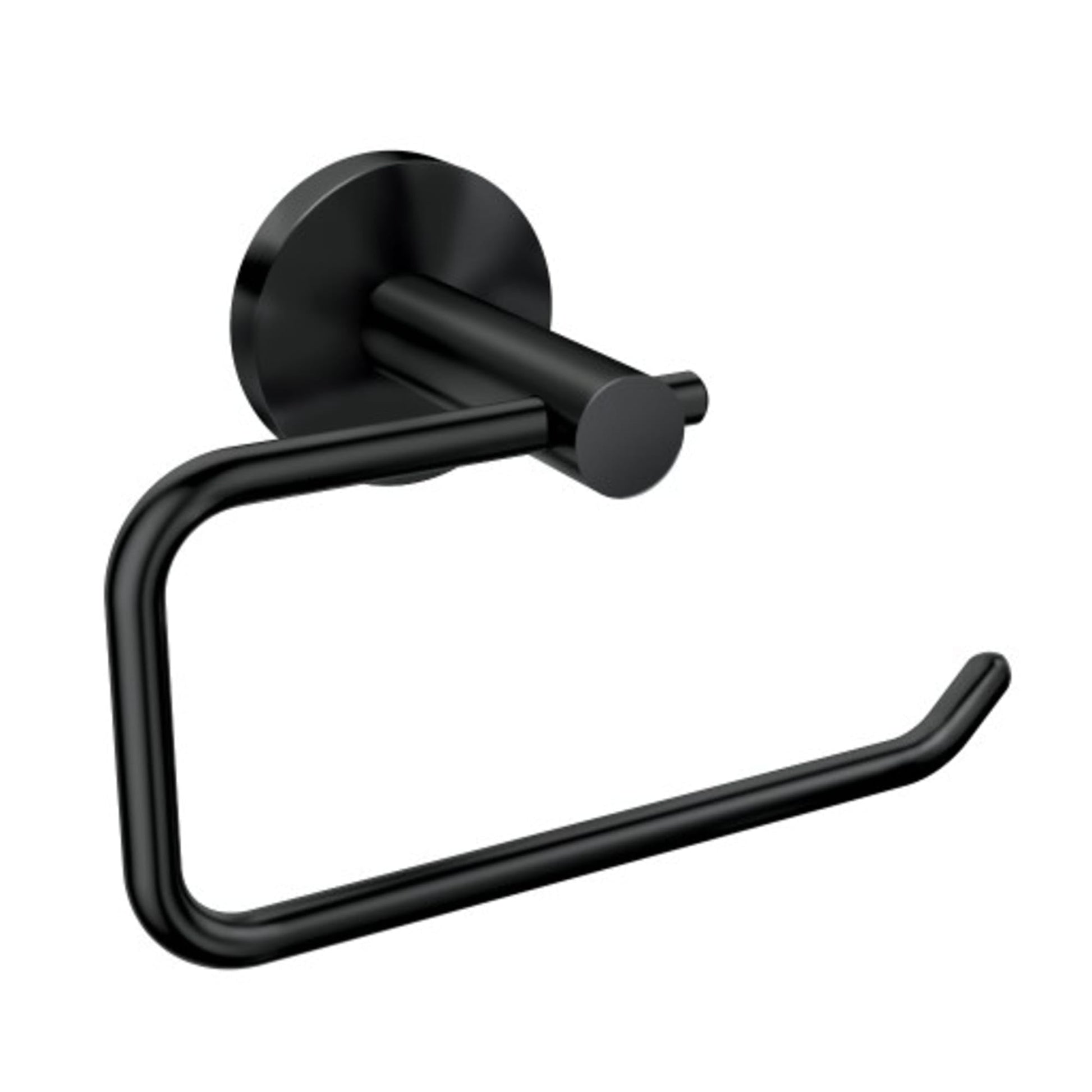 Matte black toilet paper holder with circular wall mount and curved open loop design.
