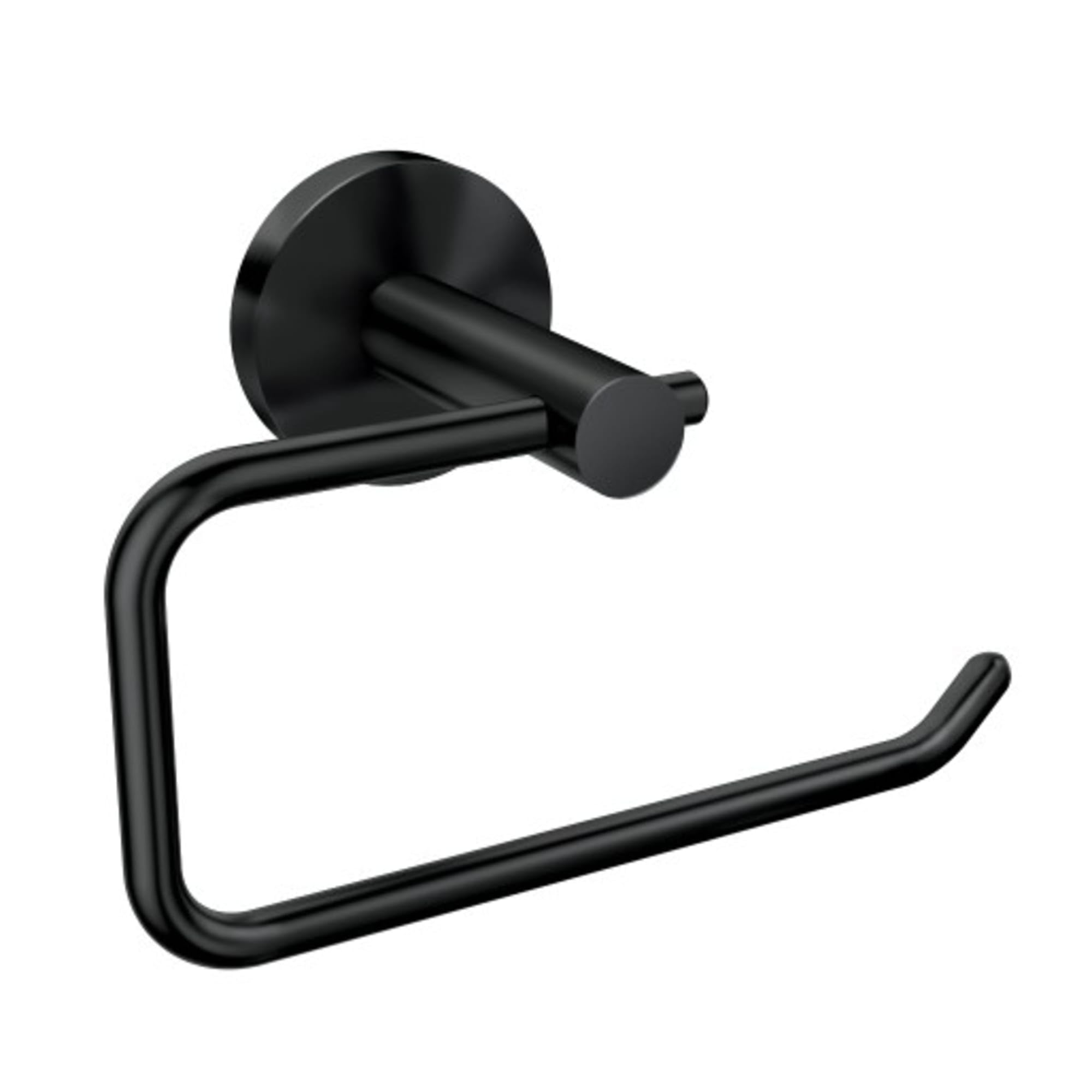 Matte black toilet paper holder with circular wall mount and curved open loop design.