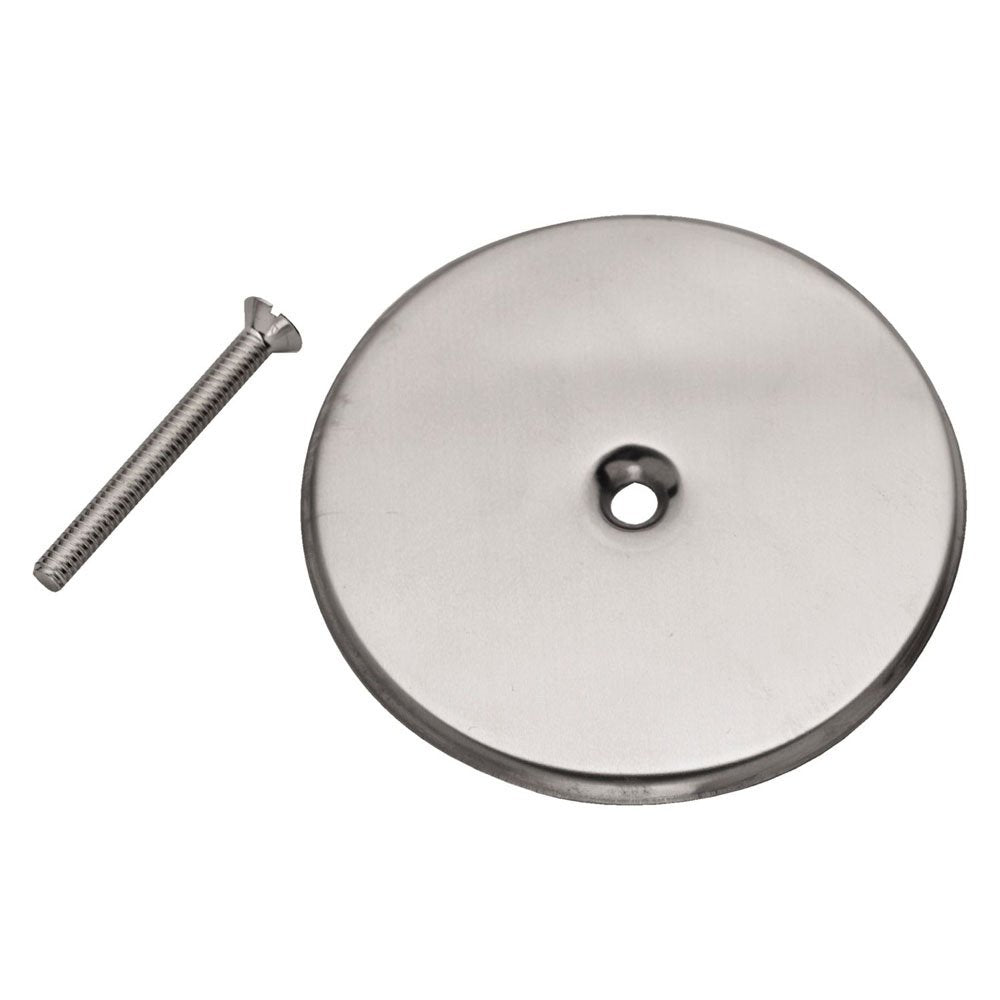 Circular stainless steel flat cover plate with center hole and matching metal screw.