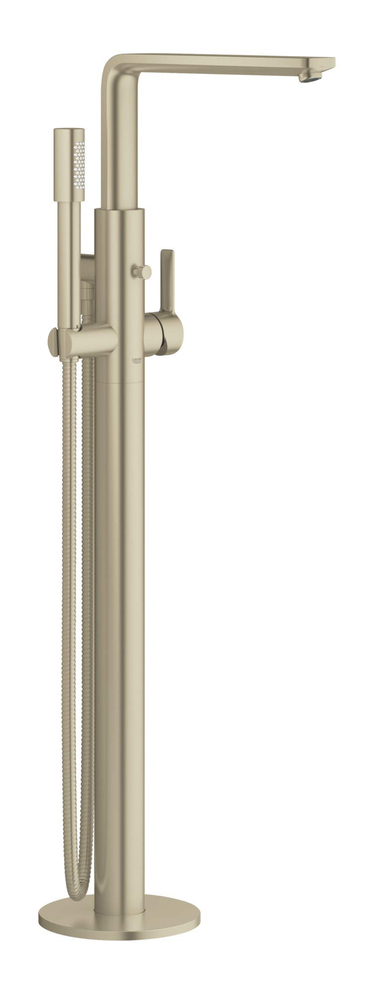 Brushed nickel freestanding tub faucet with single handle, curved spout, and detachable hand shower with hose.
