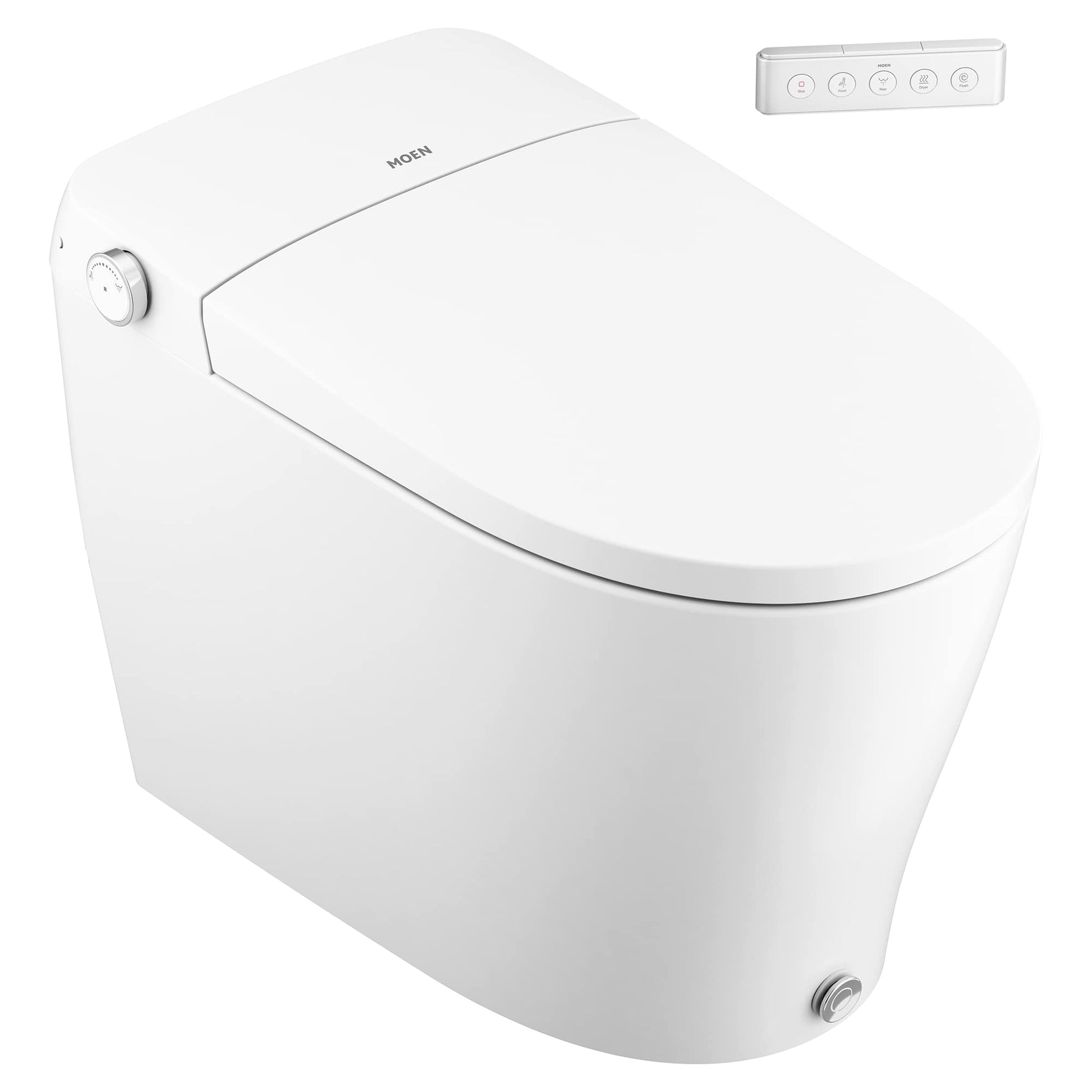 White Moen elongated bidet toilet with closed lid, control panel on side, and wireless remote with five buttons shown separat