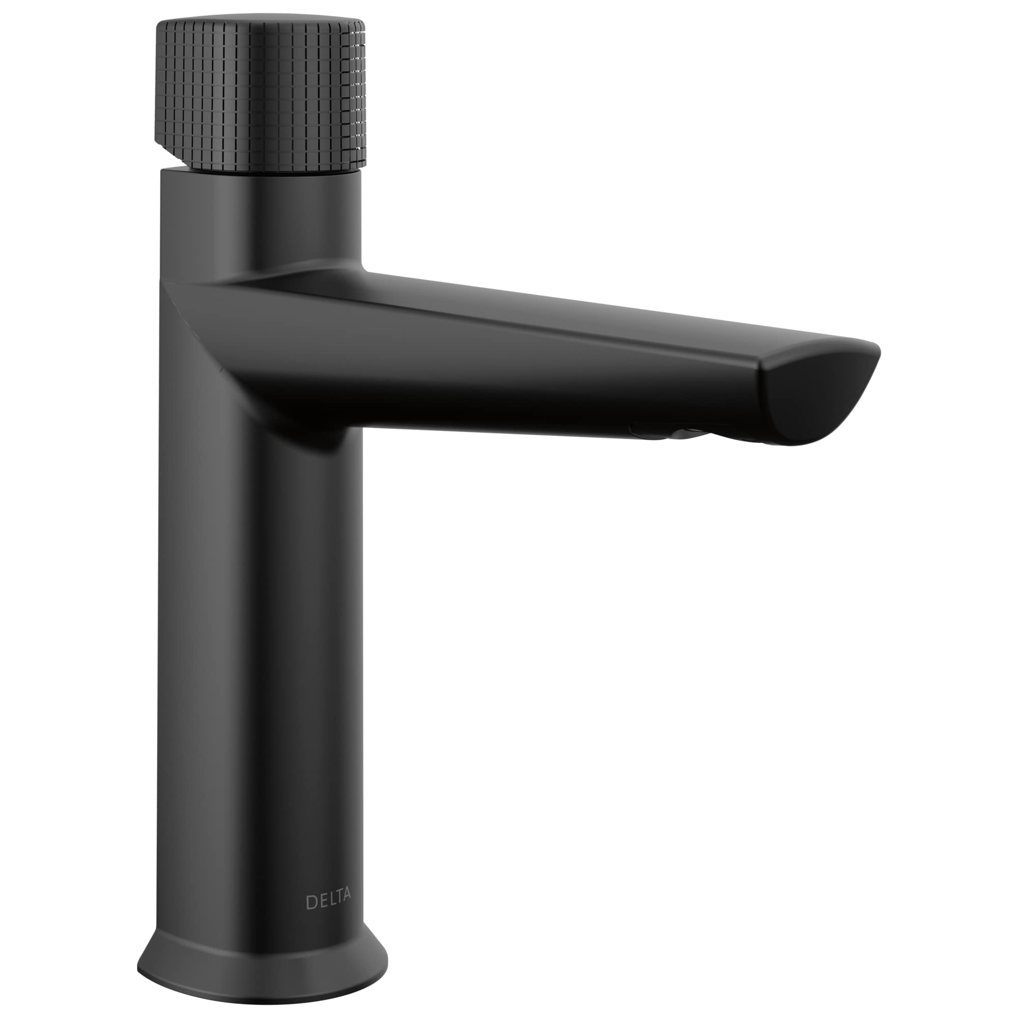 Black single-handle bathroom faucet with knurled grip handle and angled spout.