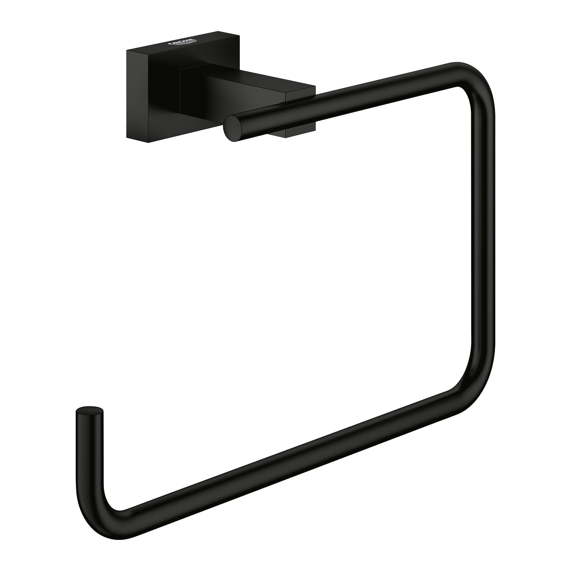 Matte black square wall-mounted towel ring with curved rectangular loop and cubic mounting bracket.