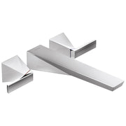 Chrome wall-mounted tub filler trim with spout and two lever handles in angular geometric design.
