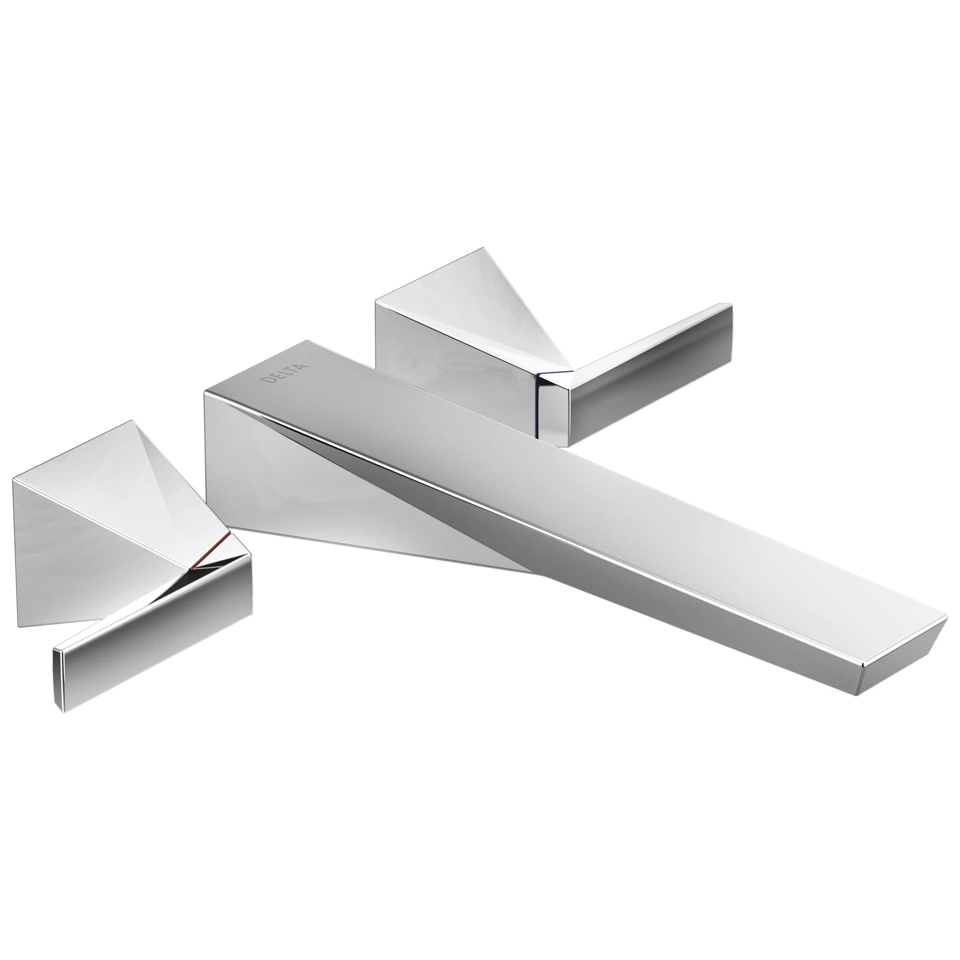Chrome wall-mounted tub filler trim with spout and two lever handles in angular geometric design.