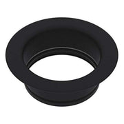 Matte black circular garbage disposal flange with recessed center opening and raised rim.