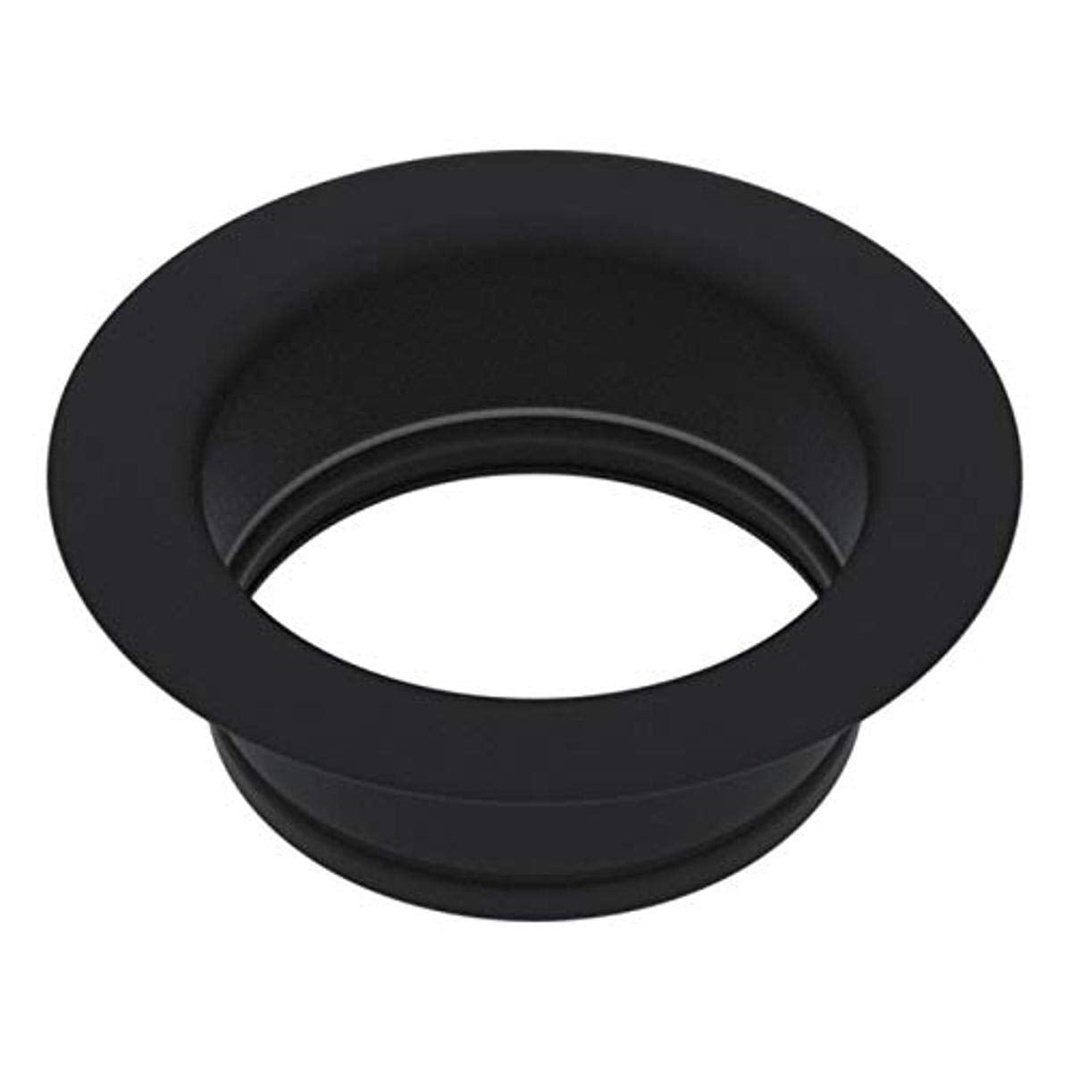 Matte black circular garbage disposal flange with recessed center opening and raised rim.