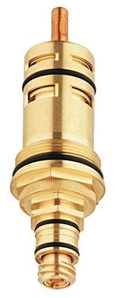 Brass thermostatic cartridge with copper stem and black rubber seals stacked in cylindrical sections.