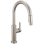 Stainless steel kitchen faucet with curved pull-down spout and single side handle.