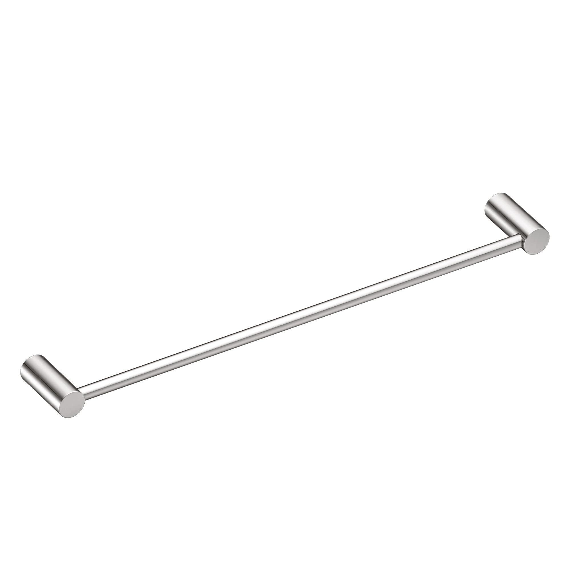 Chrome towel bar with cylindrical mounting brackets on each end, mounted horizontally.