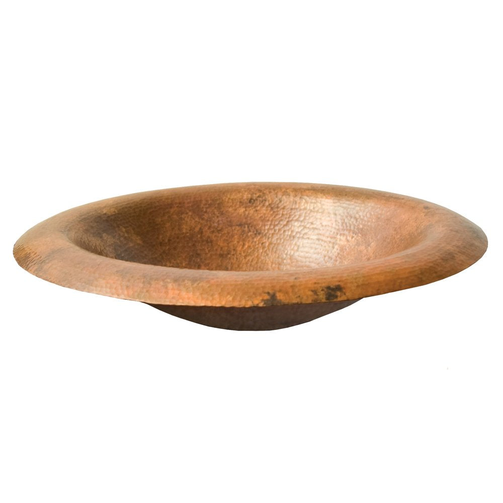 Copper bathroom sink with wide, shallow lotus-shaped bowl and hammered finish surface.