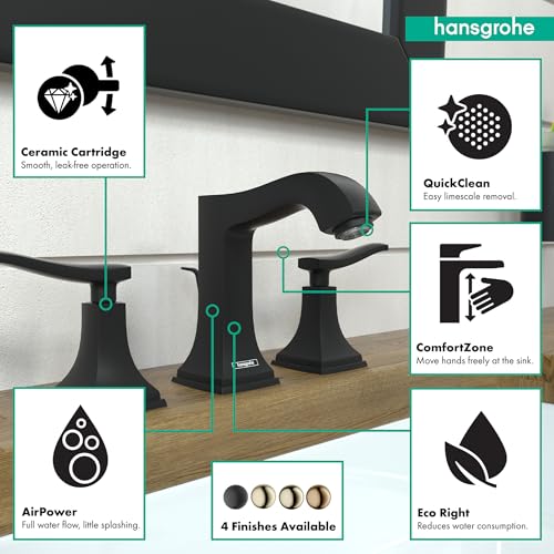 Matte black three-hole widespread faucet with curved spout, lever handles, and pop-up drain on bathroom sink.