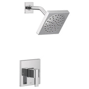 Chrome shower trim kit with square showerhead, curved arm, and single-handle valve trim plate.