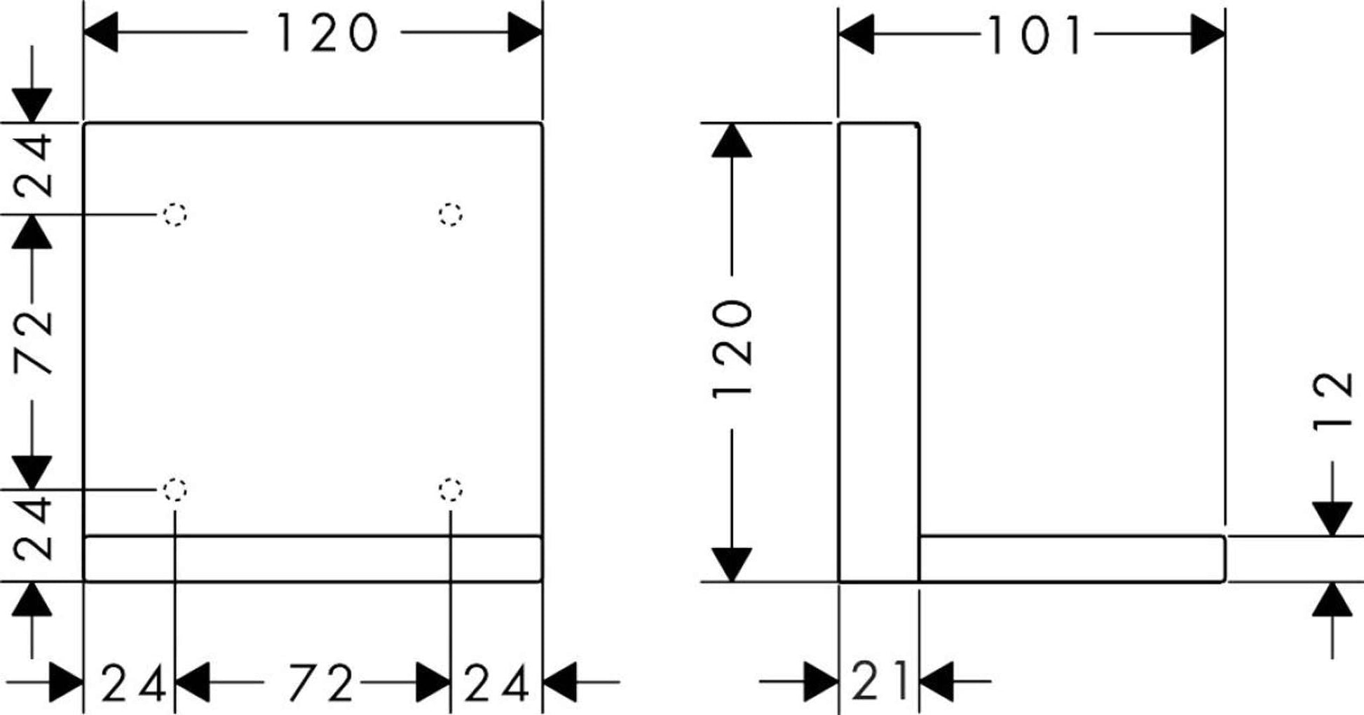 Chrome square shower shelf with mounting holes shown in technical dimension drawing.