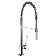 Chrome kitchen faucet with coiled spray hose, single lever handle, and high arc spout.