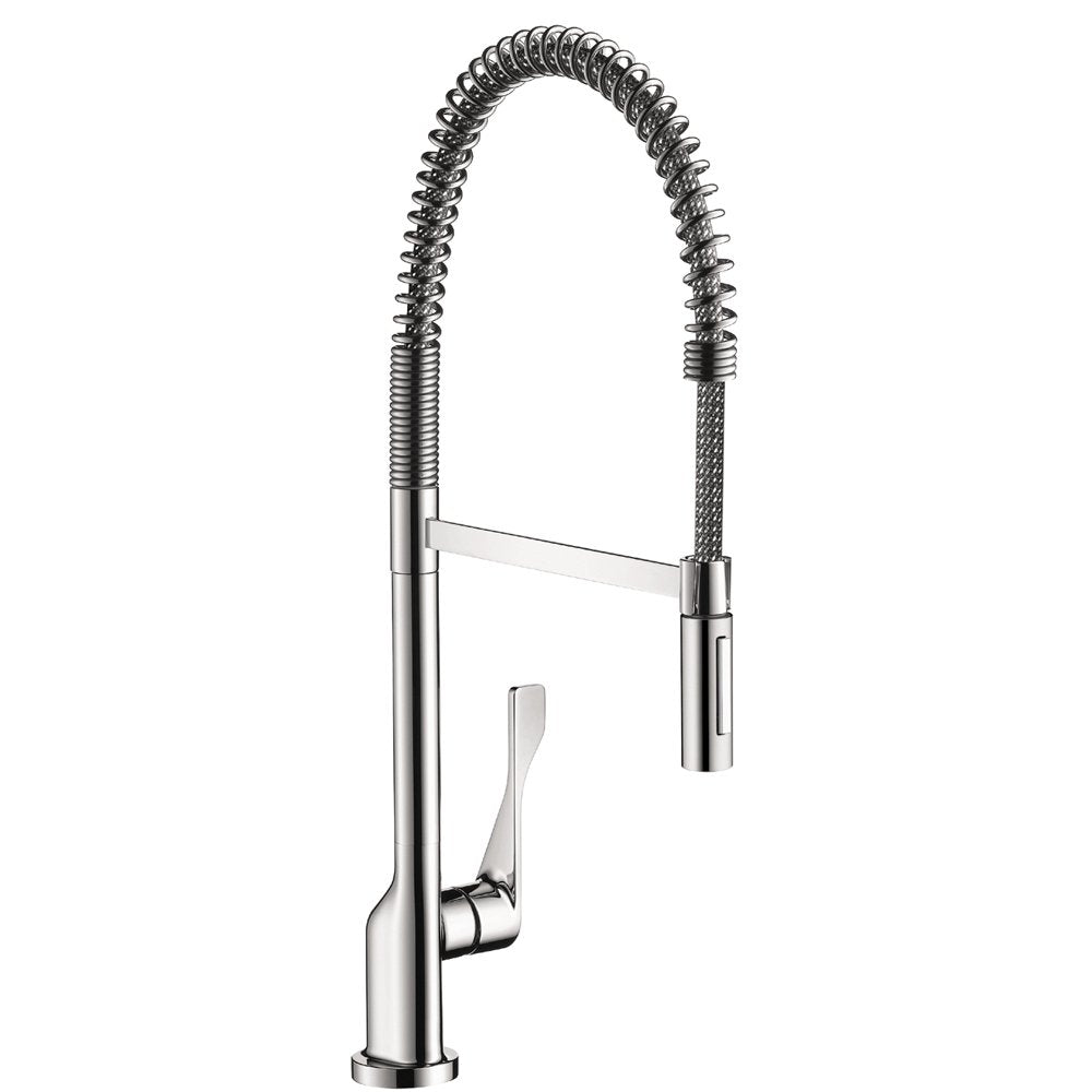Chrome kitchen faucet with coiled spray hose, single lever handle, and high arc spout.