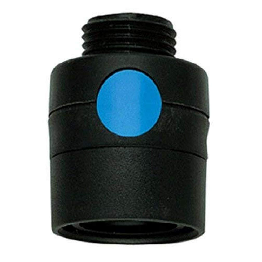 Black snap coupling with blue circular indicator and threaded male connection on top.