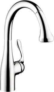 Chrome high-arc kitchen faucet with pull-down spray head and single lever handle.