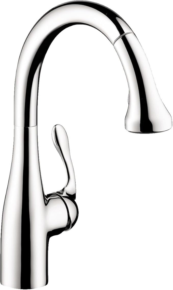 Chrome high-arc kitchen faucet with pull-down spray head and single lever handle.
