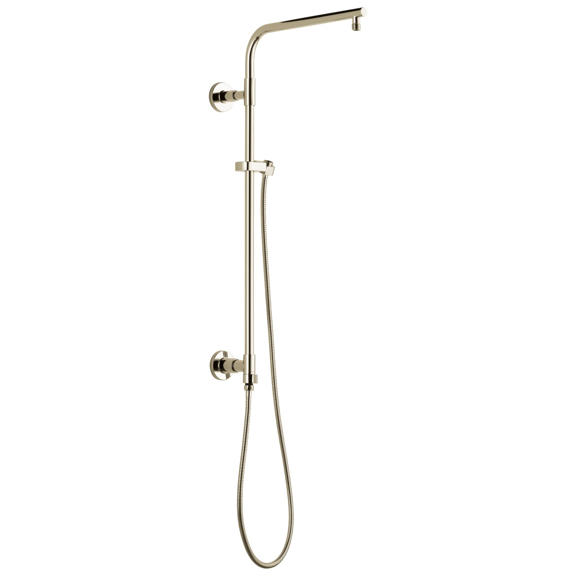 Polished nickel shower column with overhead rainfall showerhead, handheld spray on hose, and wall-mounted controls.