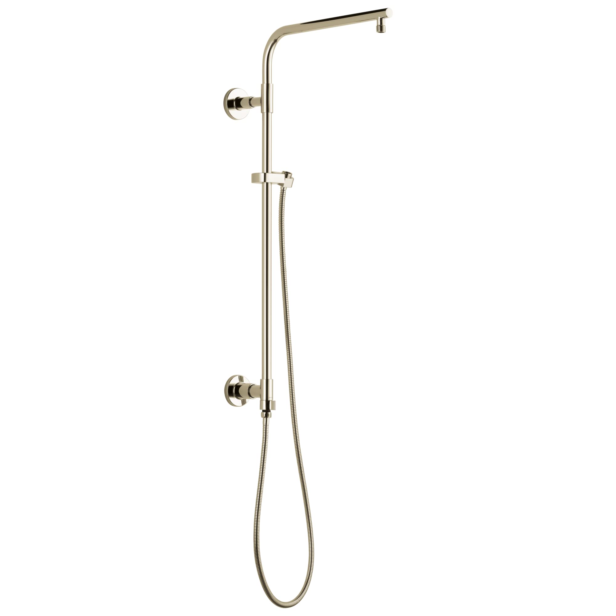 Polished nickel shower column with overhead rainfall showerhead, handheld spray on hose, and wall-mounted controls.