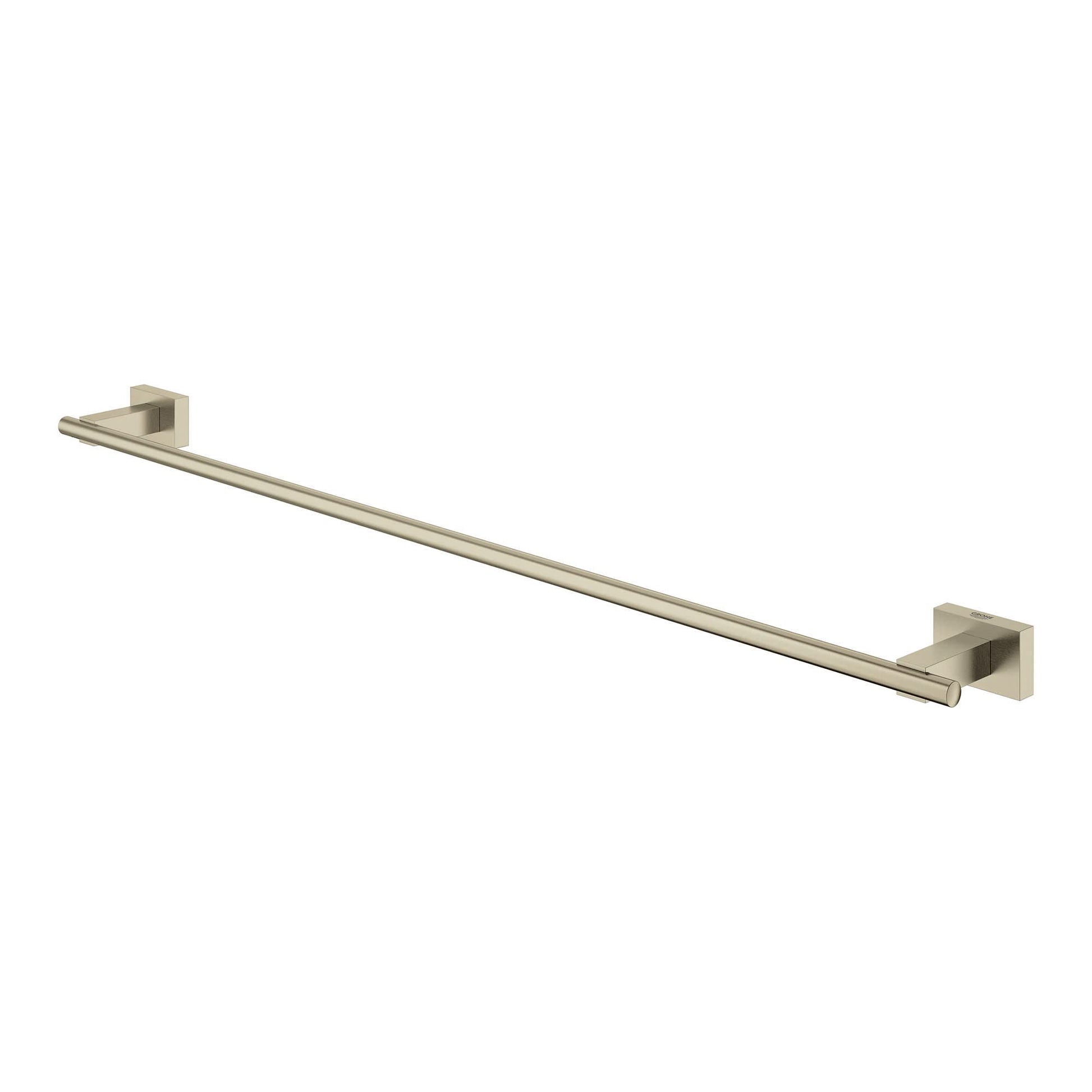 Brushed nickel towel bar with square mounting brackets at each end, 24 inches long.
