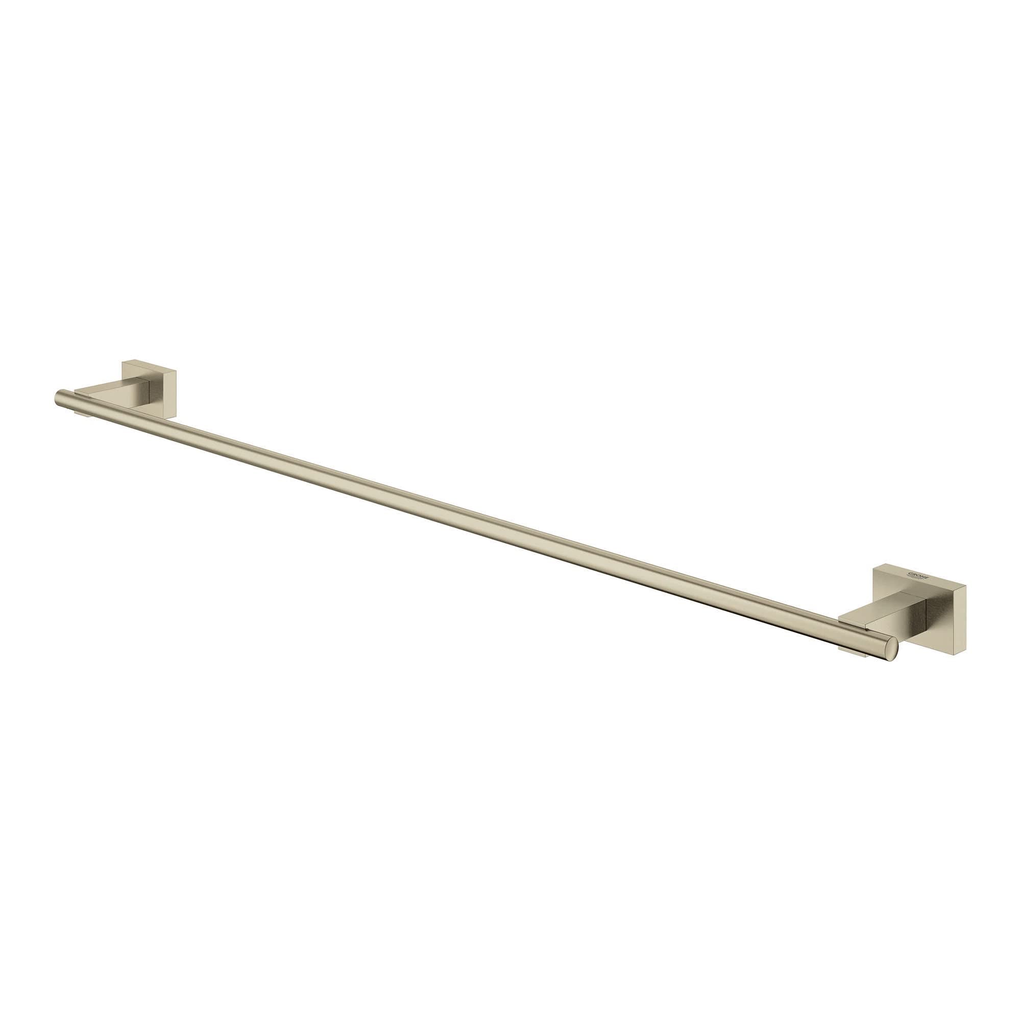 Brushed nickel towel bar with square mounting brackets at each end, 24 inches long.