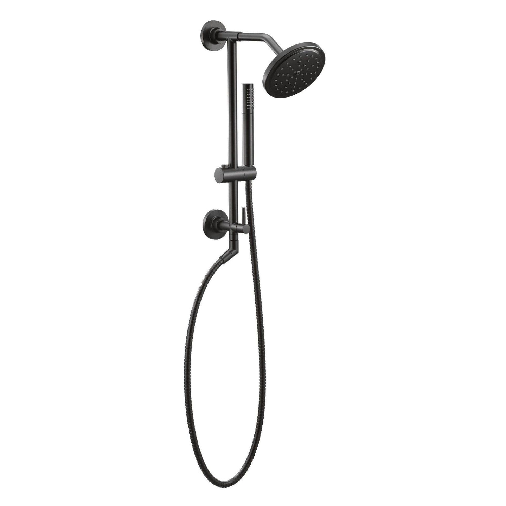 Matte black shower system with fixed overhead showerhead, handheld showerhead on vertical slidebar, and connecting hose.