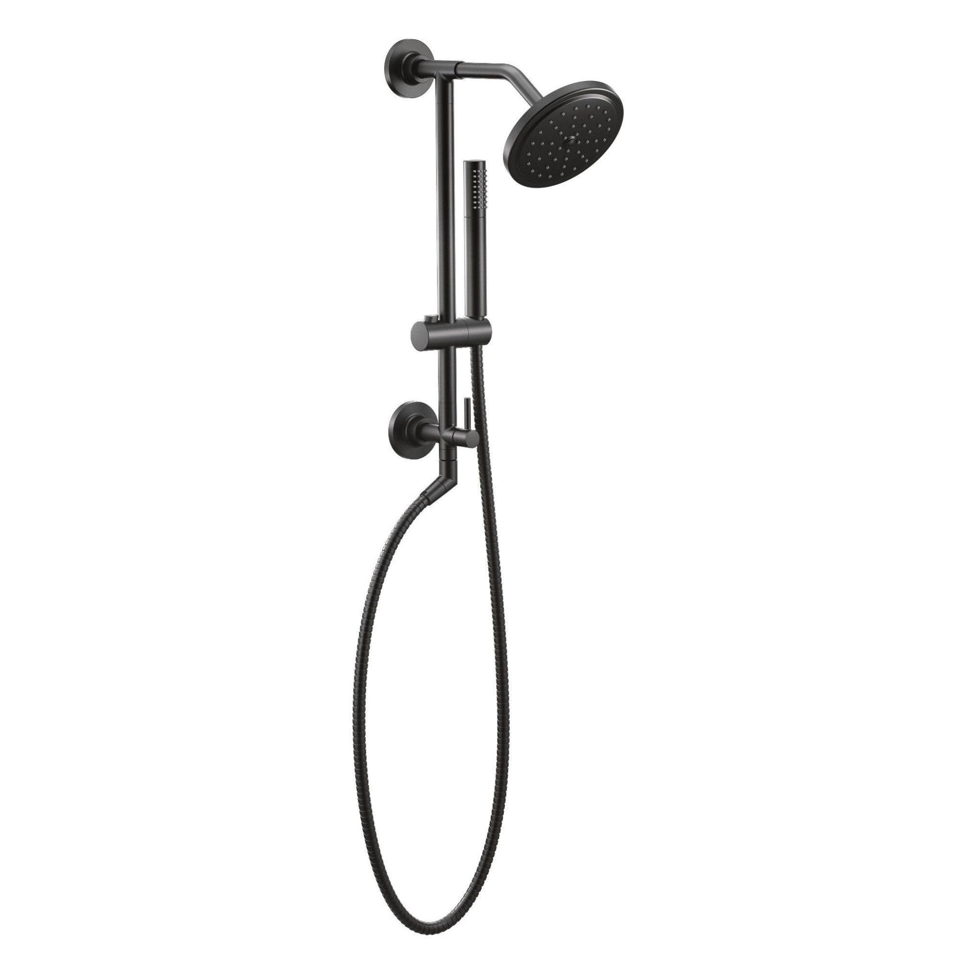 Matte black shower system with fixed overhead showerhead, handheld showerhead on vertical slidebar, and connecting hose.
