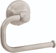 Brushed nickel toilet paper holder with curved arm and circular wall mount.