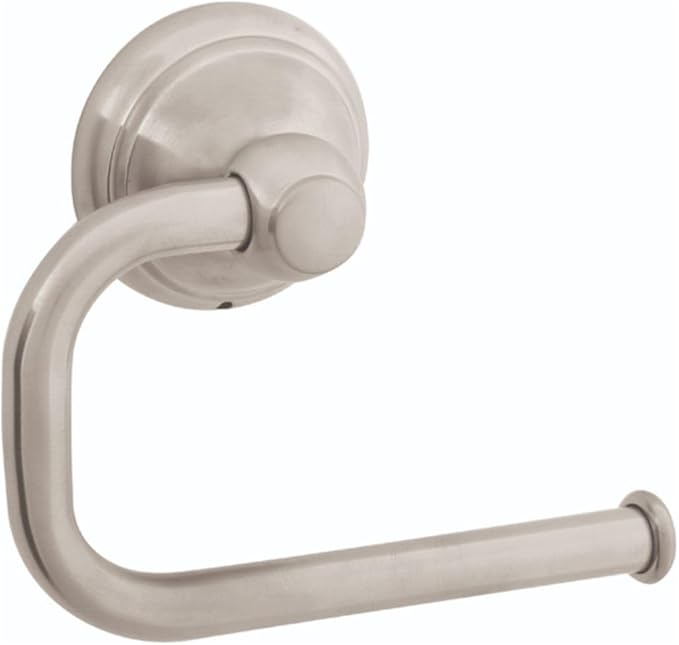 Brushed nickel toilet paper holder with curved arm and circular wall mount.