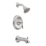 Chrome bathtub and shower trim kit with round shower head, valve handle, and tub spout.