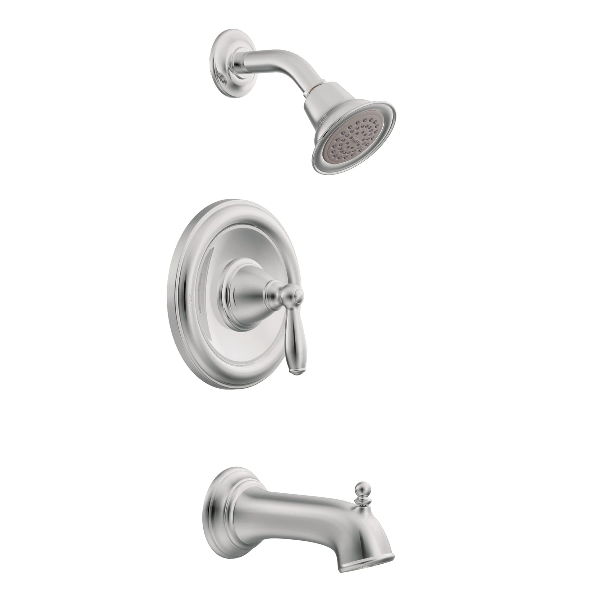 Chrome bathtub and shower trim kit with round shower head, valve handle, and tub spout.