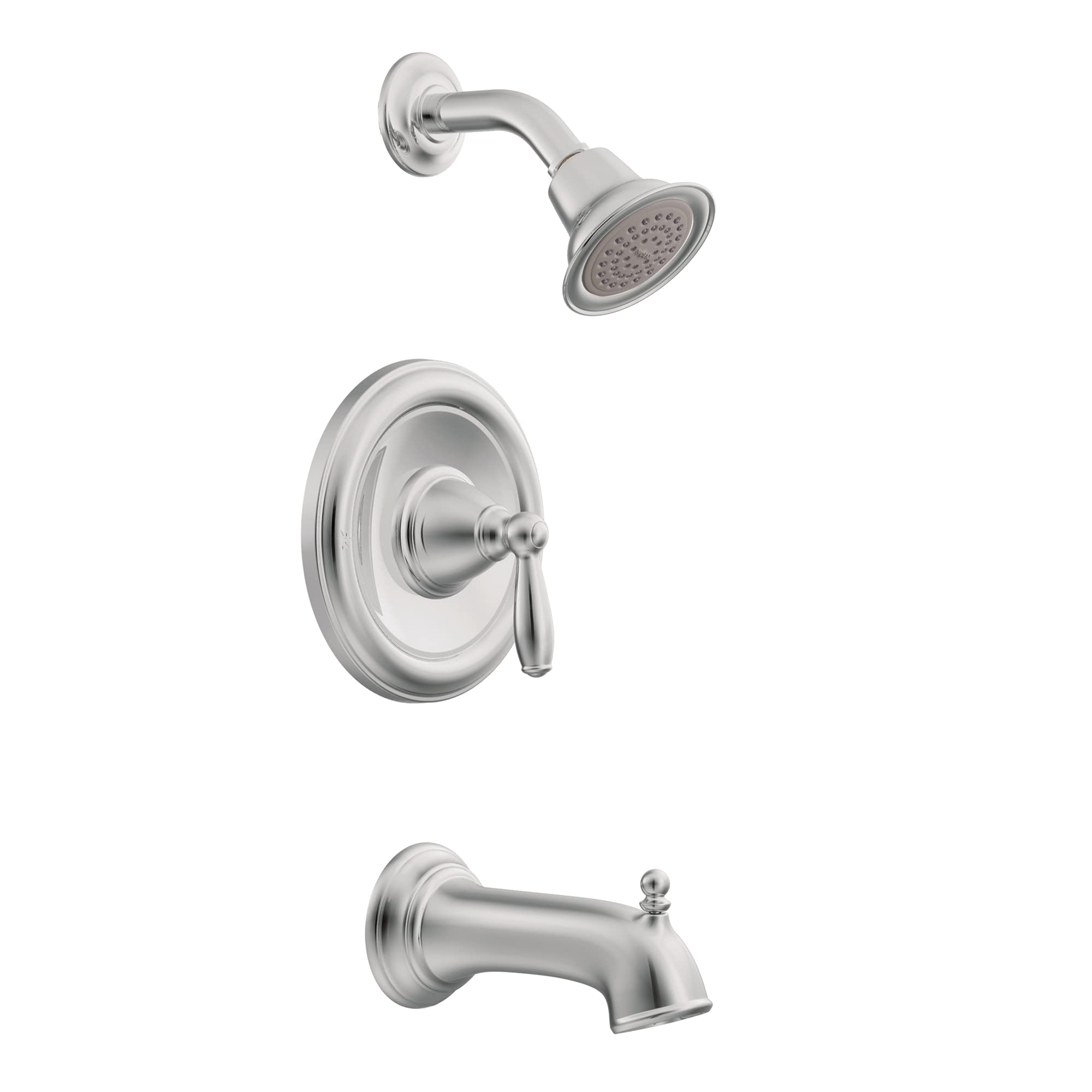 Chrome bathtub and shower trim kit with round shower head, valve handle, and tub spout.