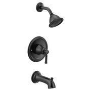 Matte black tub and shower trim set with single-handle valve, shower head, and tub spout.