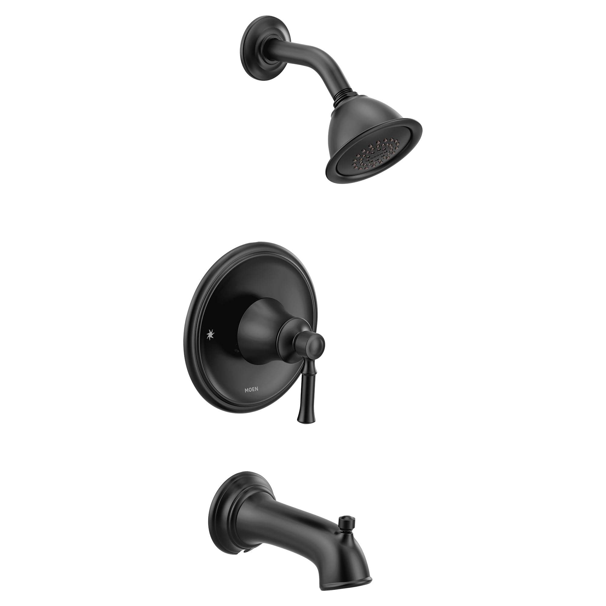Matte black tub and shower trim set with single-handle valve, shower head, and tub spout.