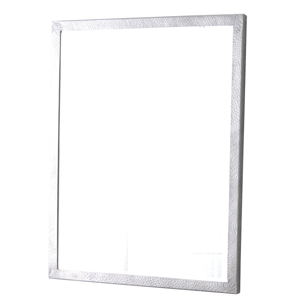 Rectangular mirror with white textured frame and reflective glass surface.